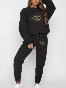 【Plus Size】 Two-Piece Set Eye Print Fitted Sweatshirt & Pocket Drawstring Waist Pants Set, Casual Long Sleeve Round Neck Pullover & Trousers, Women's Two-piece Outfits for Daily Wear