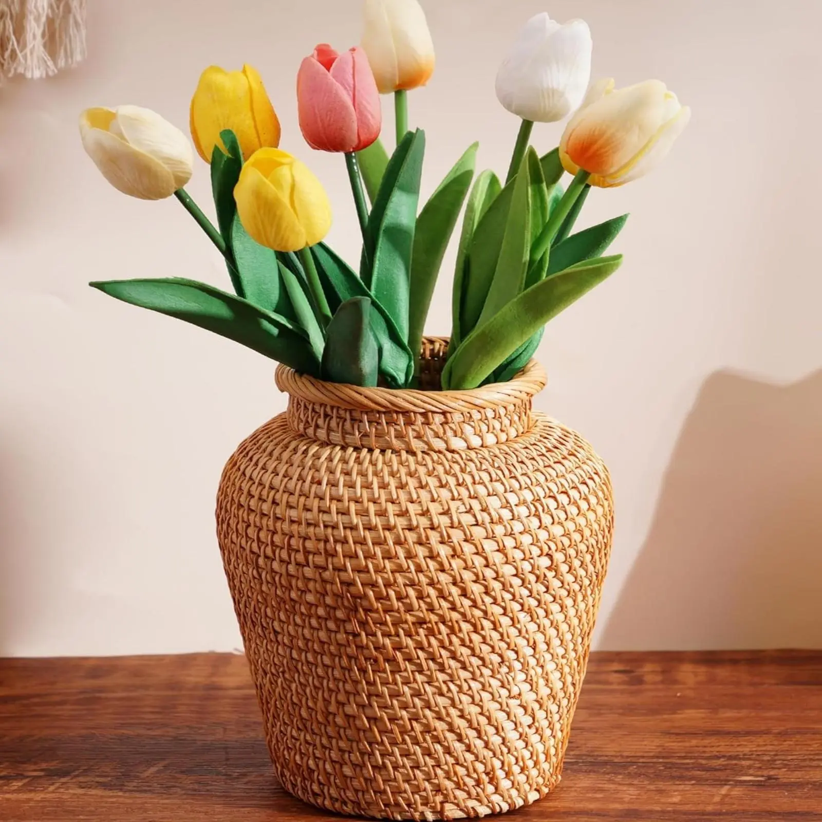 Woven Rattan Vase, Boho Style Flower Arrangement Vase, Decorative Vase, Handmade Woven Vase for Home Decor, Decorative Vase for Living Room Bedroom Dining Room, Rustic Vase, Dining Table Centerpiece, Vases Home Decor