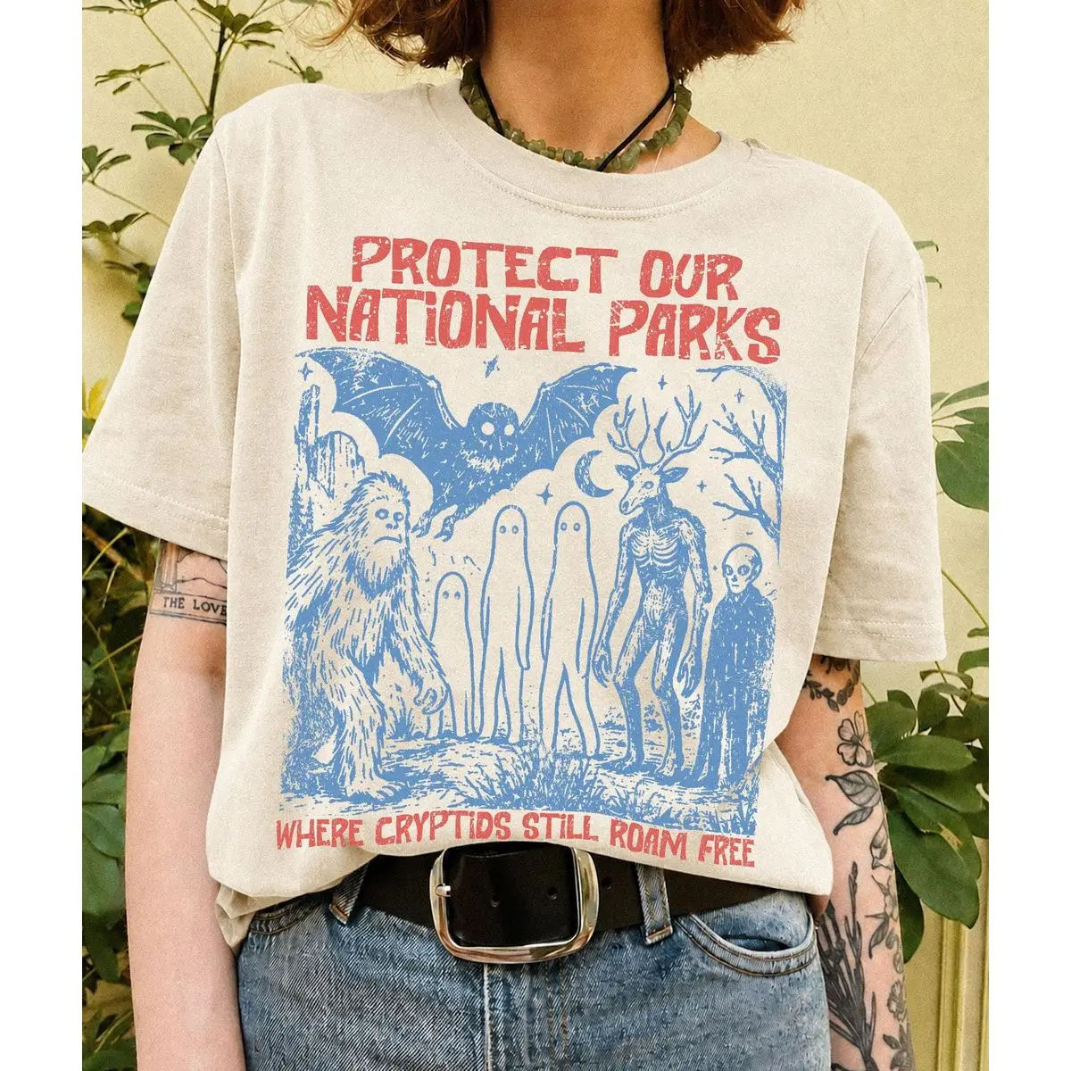 Comfort Colors Vintage Cryptid Creatures National Parks Shirt | 90s Protect Our Parks Graphic Tee, Retro Camping Hiking T Shirt, Unisex Short Sleeve Tee, Crewneck Top