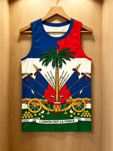 Men's Haiti Flag Emblem Print Sleeveless Tank Top, Casual Summer Shirt, Comfortable Daily Wear, Long H-Type Fitted Style