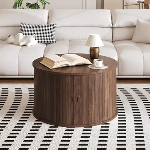 27.5" Mid-Century Modern Fluted Wood Round Coffee Table - Dual-Layer Compact Center Table with Sliding-Door Storage, Iron Support for Small Living Room Spaces