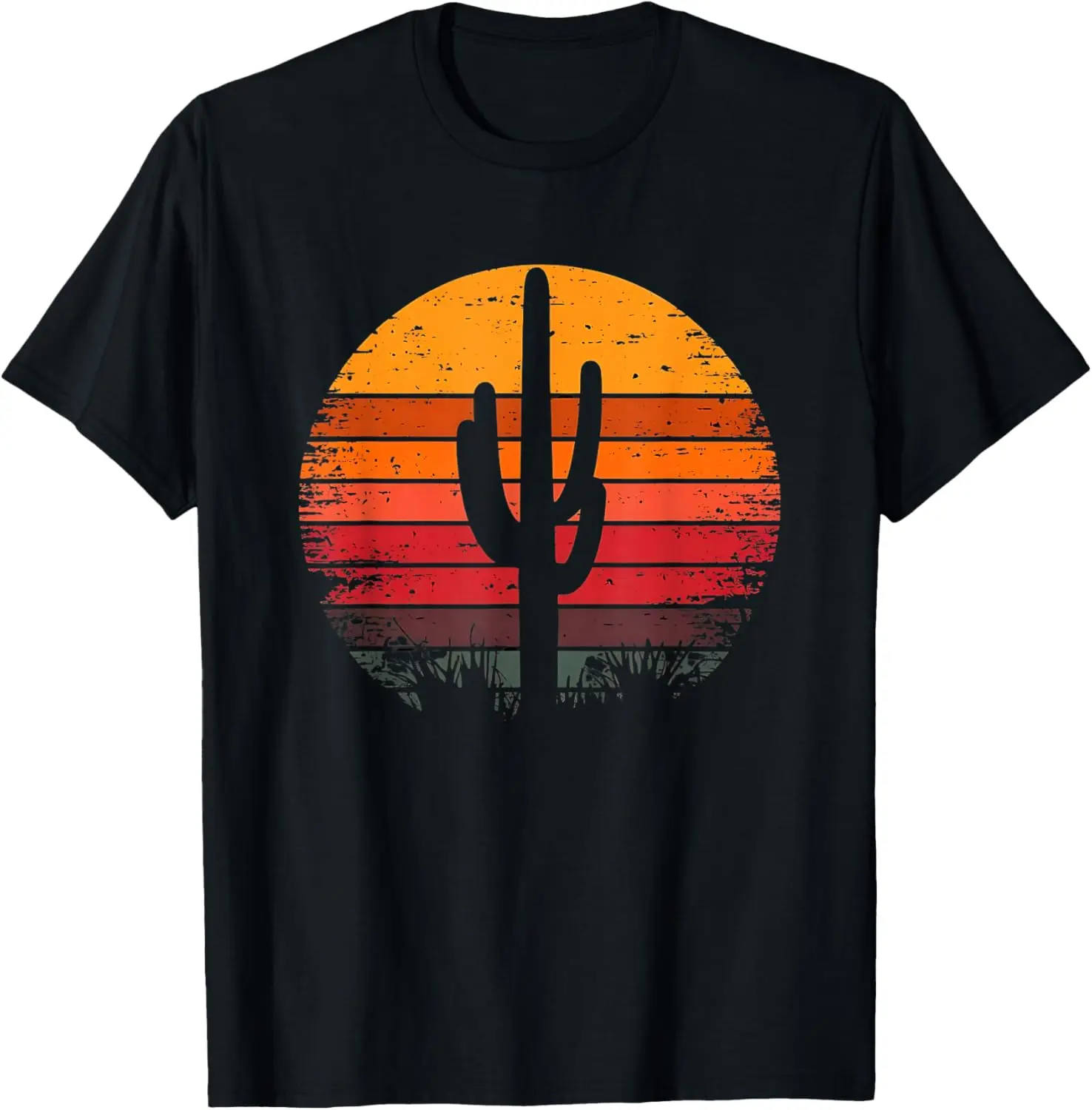 Women's Retro Saguaro Cactus Graphic Short-Sleeve T-Shirt - 100% Cotton Vintage Distressed Desert Sunset Print Everyday Round Neck Casual Clothes