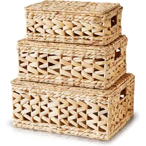 Wicker Storage Basket with Lid, Natural Decorative Wicker Basket for Shelf, Woven Baskets with Lids, 14in Lidded Basket, Rattan Storage Basket with Lid, Rattan Box Set of 3 for Organizing