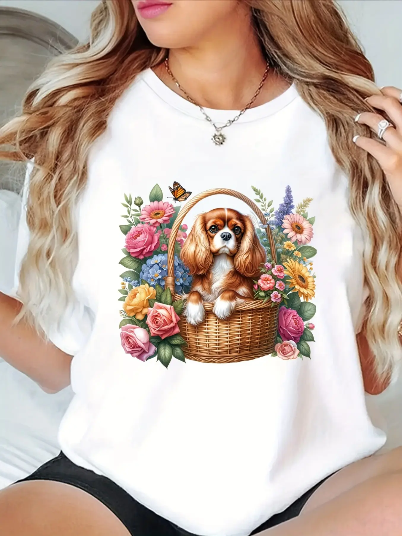 Cavalier Charles Spaniel Floral Print Casual T-Shi unisex soft cotton short sleeve t shirt, vintage graphic casual tee for men women teens, perfect birthday holiday gift for camping travel gym daily street  wear