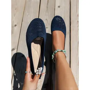 Women's Fashionable Solid Color Mesh Breathable Lightweight Comfortable Navy Blue Flat Shoes, Casual Comfortable Slip on Walking Shoes for Daily Wear, Shoes for Summer(Sheets)