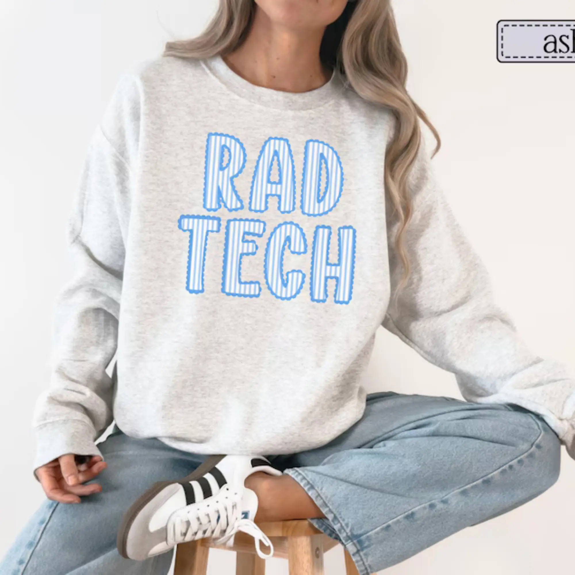 RAD Tech Sweatshirt • Xray Tech Work Sweater • Radiology Graduation Gifts • Cute Lace Scalloped Blue Striped Radiology Department Pullover