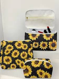 Sunflower Pattern Makeup Bag Set, Large Capacity Travel Toiletry Bag, Portable Travel Makeup Bag, Brush and Accessories Organizer Bag, Makeup Storage Bag, Makeup Pouch