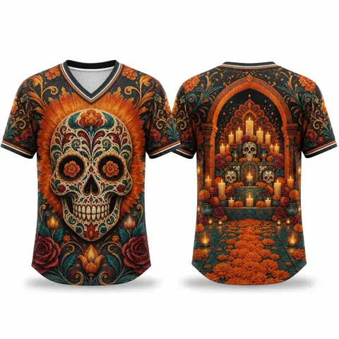 Unisex Ember Marigold Altar All Over Print V-Neck Mesh Short-Sleeve Athletic Apparel, Calavera Fest Graphic T-Shirt - Workout Shirts, Activewear Athletic Sports Top