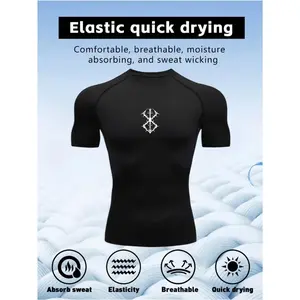 Men's Tight-Fitting Printed Compression Short-Sleeve Top, Polyester Blend Athletic Apparel, Moisture-Wicking Activewear Running Slimming Shirt, Suitable as a Boyfriend Gift,summervibes