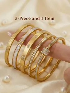 Elegant Stainless Steel Bangle Set, Trendy Stack Bangle, 5-Piece and 1 Item Fashionable Bracelet Classic Design, Perfect for Daily Wear & Special Occasions, The Perfect Gift