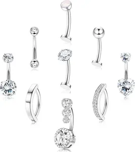 9 count   Button Ring - Surgical Stainless Steel Floating CZ Opal Heart Clicker  Piercings for Women Navel  Piercings  Pack /