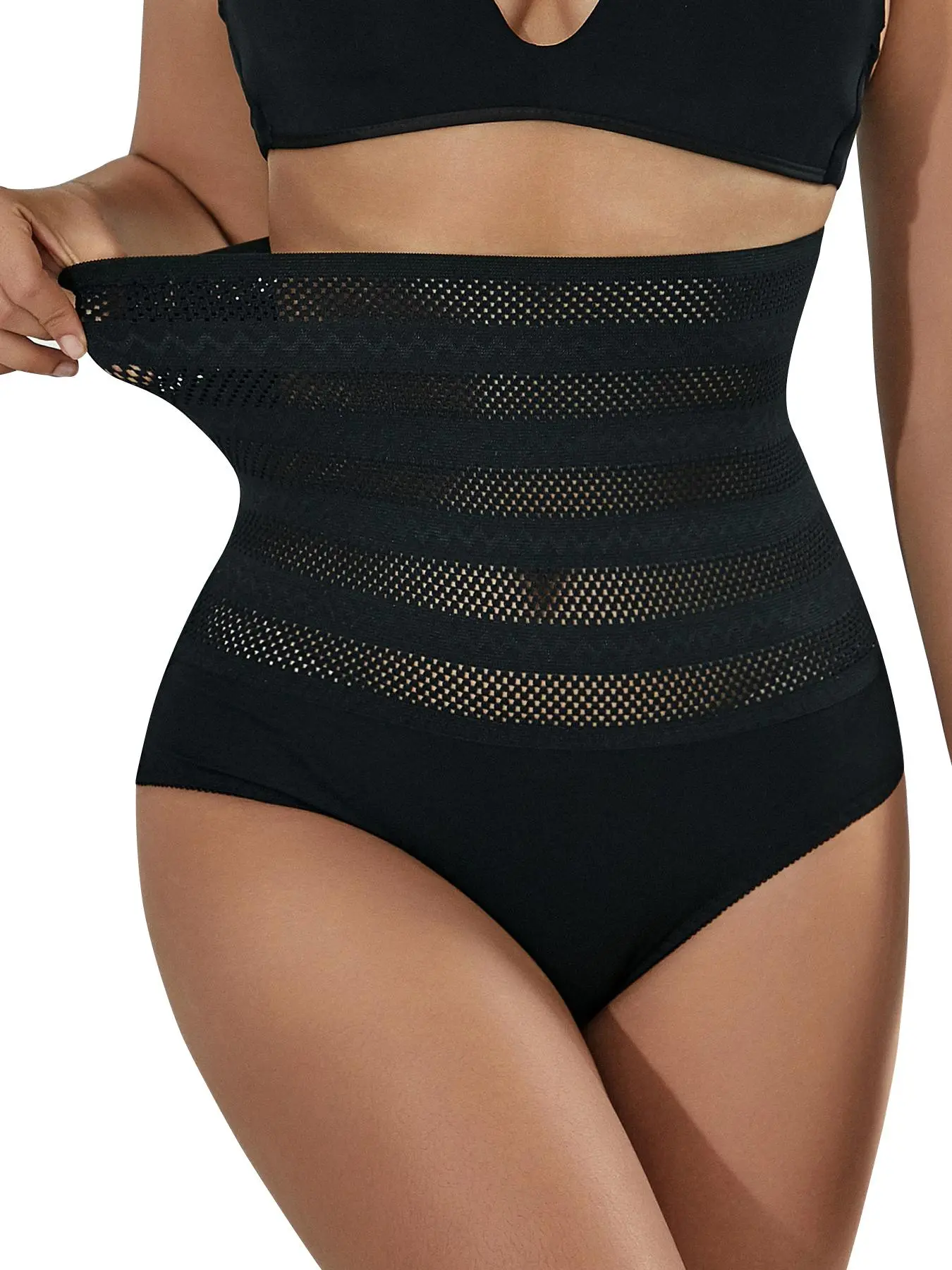 Women's Contrast Mesh High Waist High Compression Shapewear Panty, High Waisted Shaping, Elegant Solid Breathable Comfortable Underwear, Women Knickers, Tummy Tuck Garment, Flat Belly Shaper, Tummy Control Shaper, Body Shaping Underwear