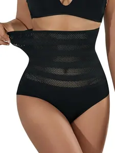 Women's Contrast Mesh High Waist Shapewear Panty, Elegant Solid Breathable Comfortable Underwear, Women Knickers, Tummy Tuck Garment