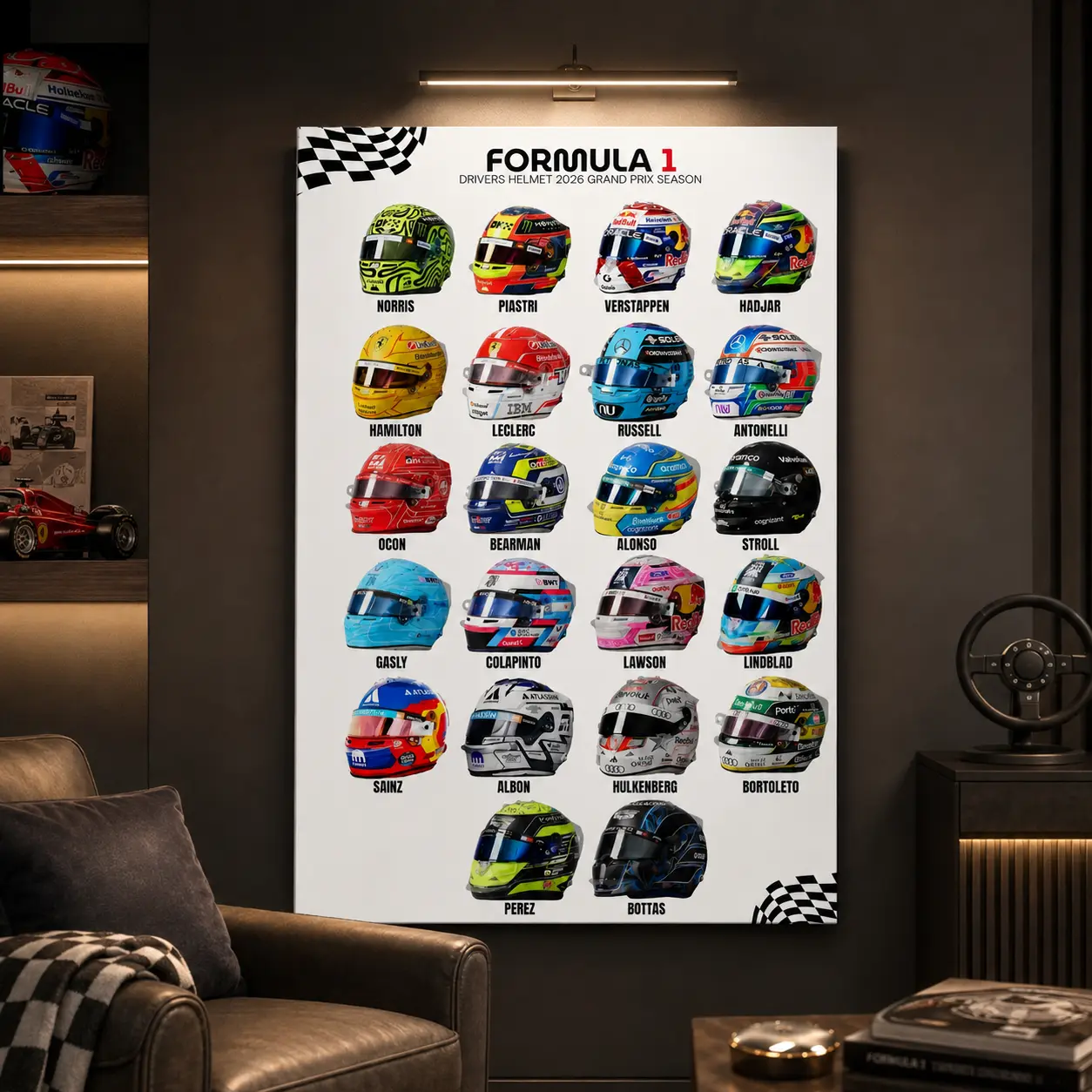 2026 Formula 1 Drivers Helmet Poster - F1 Racing Helmet Canvas Wall Art, Grand Prix Motorsport Poster, Racing Wall Decor for Bedroom, Dorm, Game Room, Garage, Office, Man Cave, F1 Fan Gift