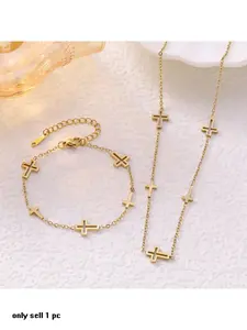 Gold Cross Necklace Bracelet Set for Women, Dainty 14K Gold Plated Cross Jewelry, Minimalist Christian Faith Jewelry, Religious Gift for Her