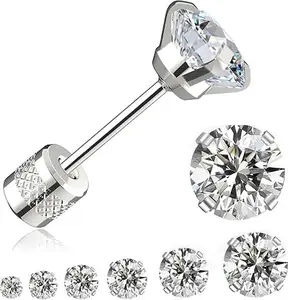 UURiel 6 Pairs Titanium Hypoallergenic Threadless Flat Back Stud Earrings for Women Men, 5A CZ Stud Earrings Surgical Stainless Steel Stud Earring Set