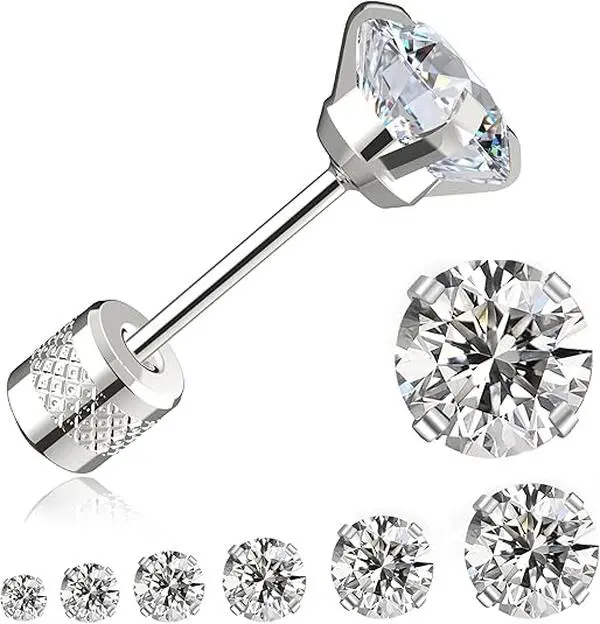 UURiel 6 Pairs Titanium Hypoallergenic Threadless Flat Back Stud Earrings for Women Men, 5A CZ Stud Earrings Surgical Stainless Steel Stud Earring Set