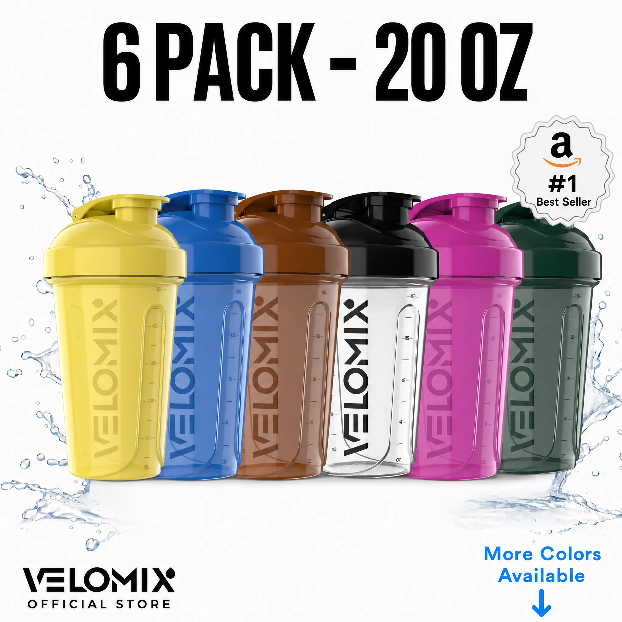 VELOMIX 6-Pack 20oz Protein Shaker Bottles - BPA-Free, Leak-Proof Gym Accessories Water Bottles with Wire Whisk Ball for Gym Essentials (Black), Reusable Water Bottle, Leakproof Water Bottle