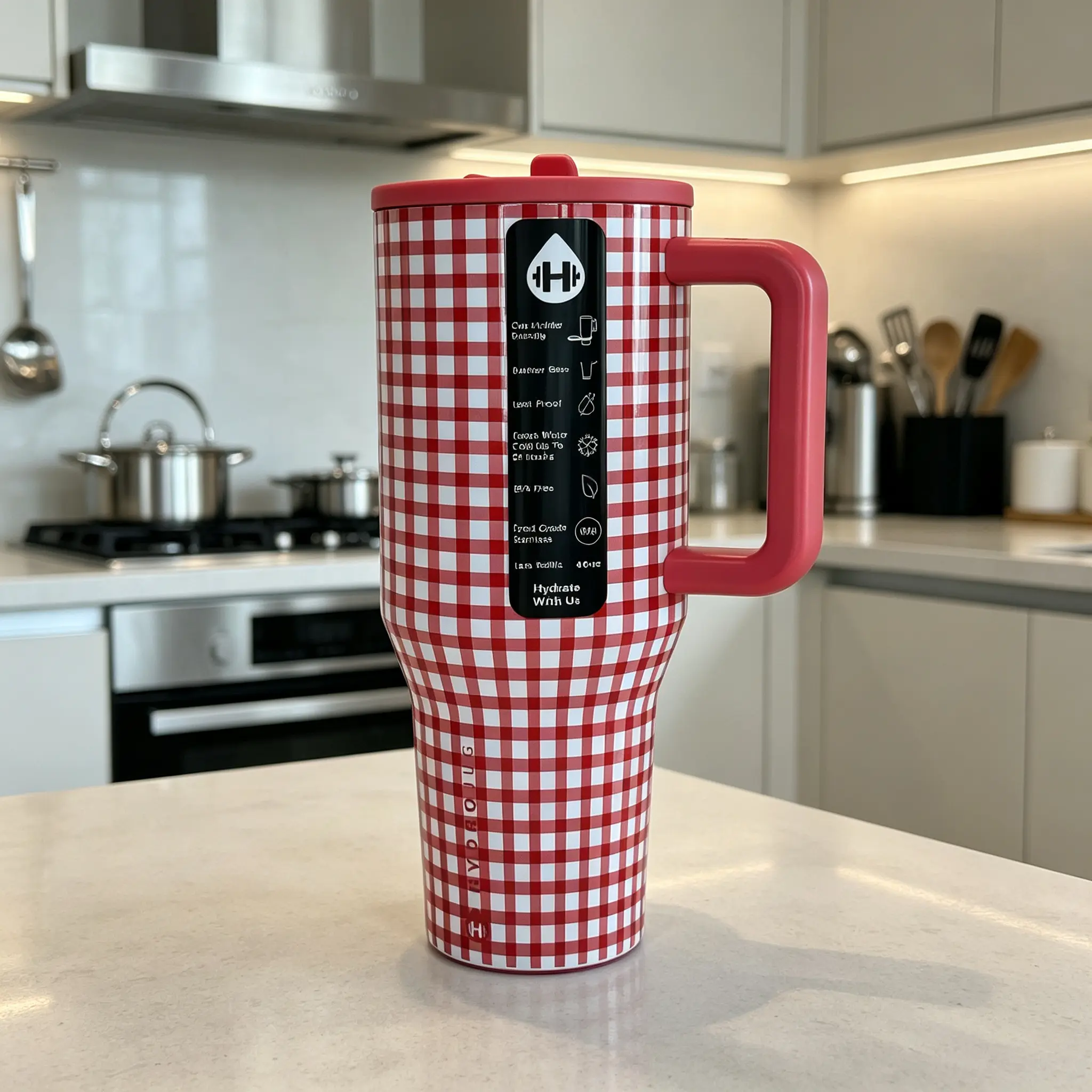 Stylish 40oz HydroJug Insulated Tumbler, Retro Red Gingham Checkered Stainless Steel Travel Coffee Cup with Handle, Leak-Resistant Straw Lid for Outdoor & Commute
