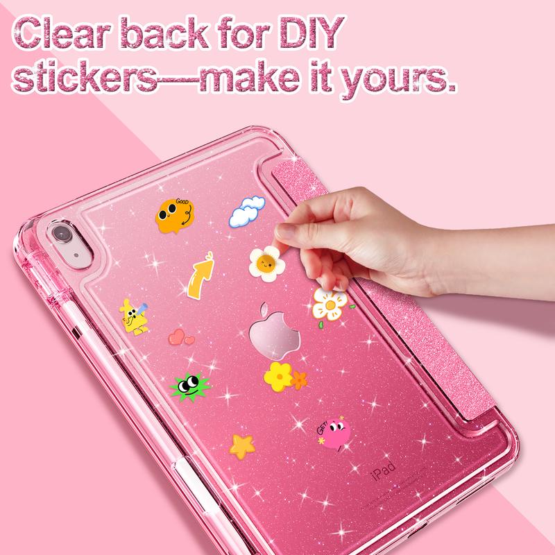 INFILAND Compatible with iPad Case, Glitter Cover with Sparkly Clear Back, Pencil Holder, for Kids Girls Computer Tablet Casing Protection Protective