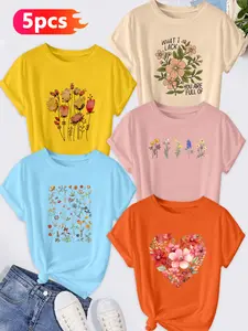 5-Pack Women's Crew Neck T-Shirts, Wildflower Bouquet / Floral Heart Print Set, Multiple Colors Available, Machine Washable, Spring & Summer Top, Soft Skin-Friendly Fabric, Daily Versatile, Fashion Design