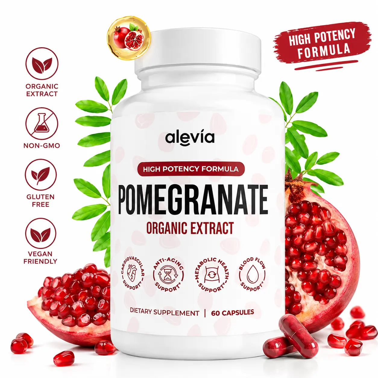 Alevia Pomegranate Capsules 60ct, Organic Fruit Extract, Antioxidant Nutritional Support, Daily Vitality Supplement for Adults