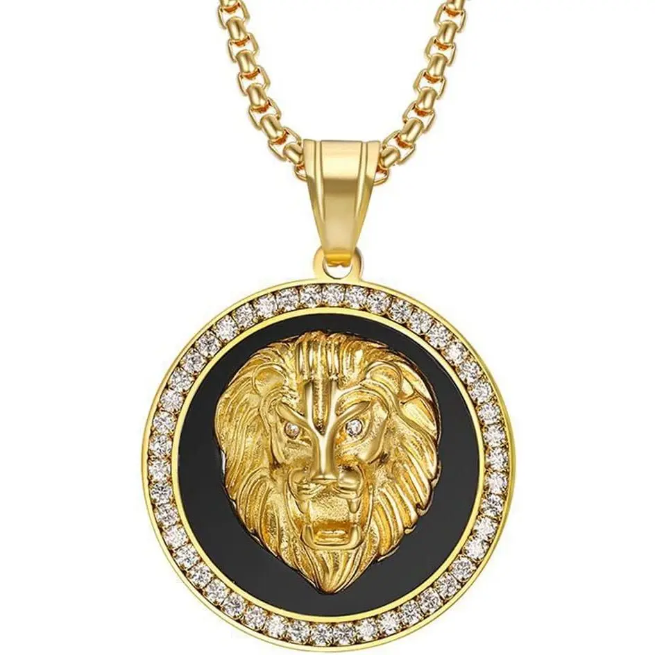 Lion Head Necklace For Men Women 18k Gold Plated Stainless Steel Trendy Cool Punk Rock Goth Hip Hop Rapper Shield Roar Round Rhinestones Lion Pendant Necklace Christmas Gift For Him Huaband Boyfriend Dad Waterproof Non Tarnish Jewelry Stylish Accessories