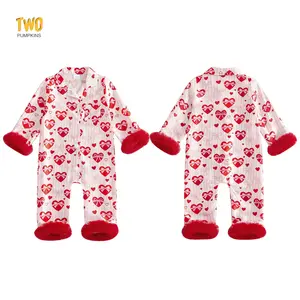 Baby Valentines Day Pajamas Newborn Girl Heart Bow Jumpsuit Romper Button Down Nightgown Cute Satin Silk Sleepwear