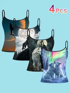 Wolf Dreamy Starry Sky Strap Vest Top, Aurora Moon Night Print Slim Fit Inner Layer Outer Wear, Casual All Seasons Clothing