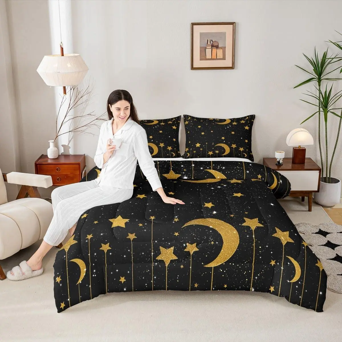 Starry Sky Comforter Setstars and Moon Bedding Set for Kids Girls Women,Adults Gold and Black Comforter,Galaxy Quilted Duvet Set,Bedroom Collection