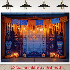 1pc Blue & Orange 2D Flat Neon Día de los Muertos Backdrop Banner - Dancing Skeletons, Papel Picado, Marigold Garland Decor for Themed Party Photo Backgrounds, White Mexican Day of the Dead Wall Decoration