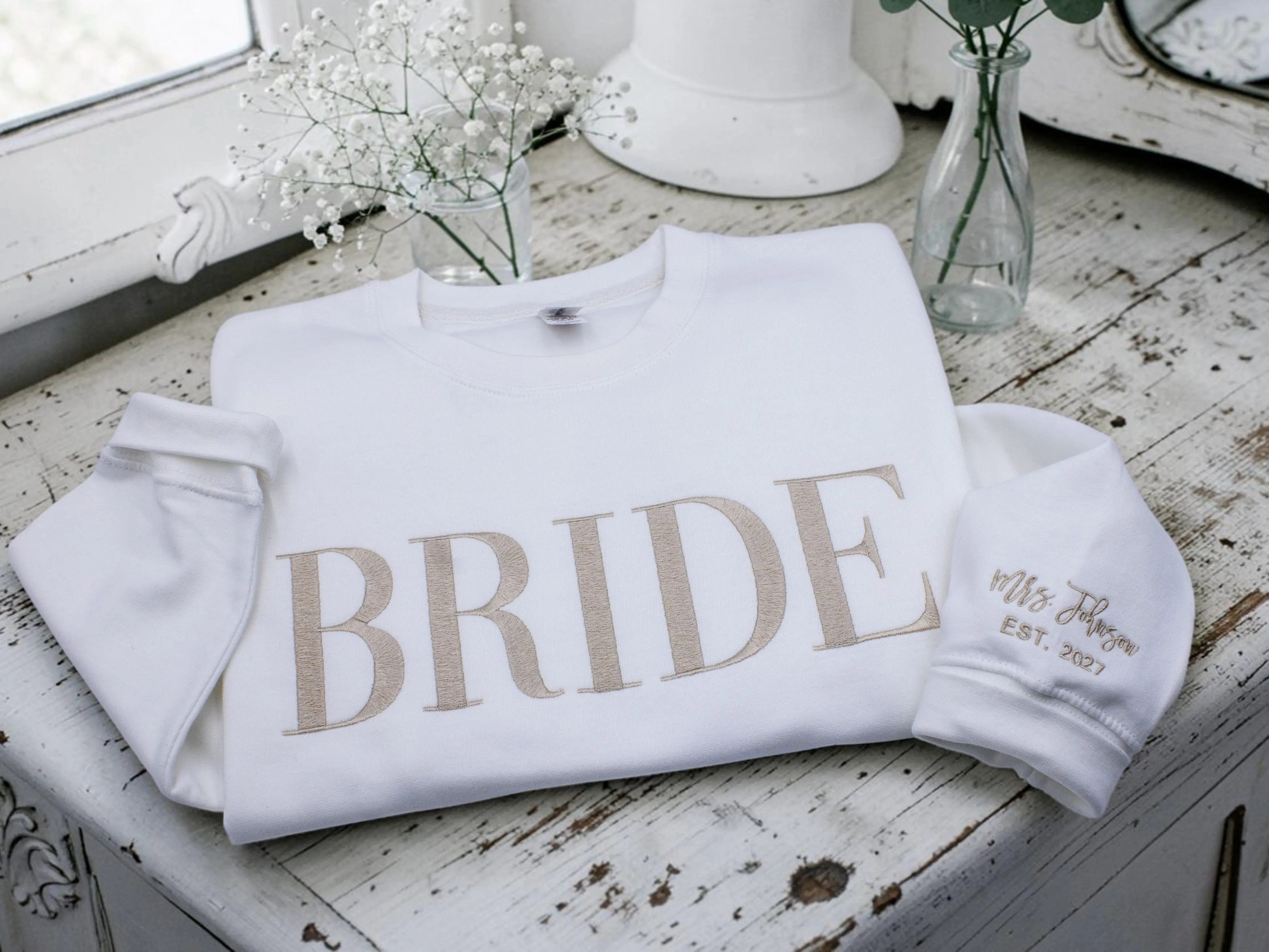 Custom Bride Sweatshirt with Mrs Name on Sleeve | Elegant Embroidered Wedding Hoodie | Personalized Bridal Shower Gift for Future Mrs | Cozy Bridal Prep Outfit & Bachelorette Gift