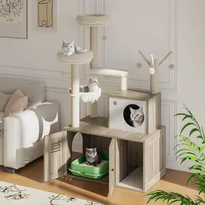 Litter Box Enclosure with Cat Tree Tower and Condo, Hidden Pet Washroom Furniture with Sisal Scratching Post,Grey