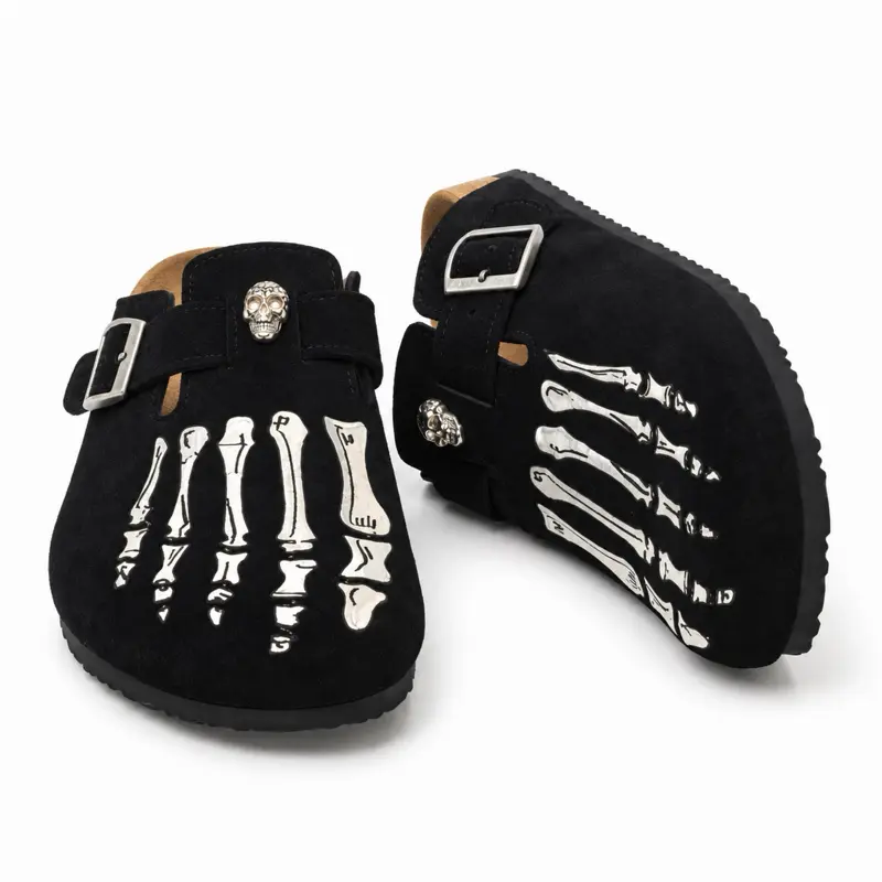 EU39(US7) to EU46(US12.5) Black Suede Clogs with Skull and Bone Design for Men and Women