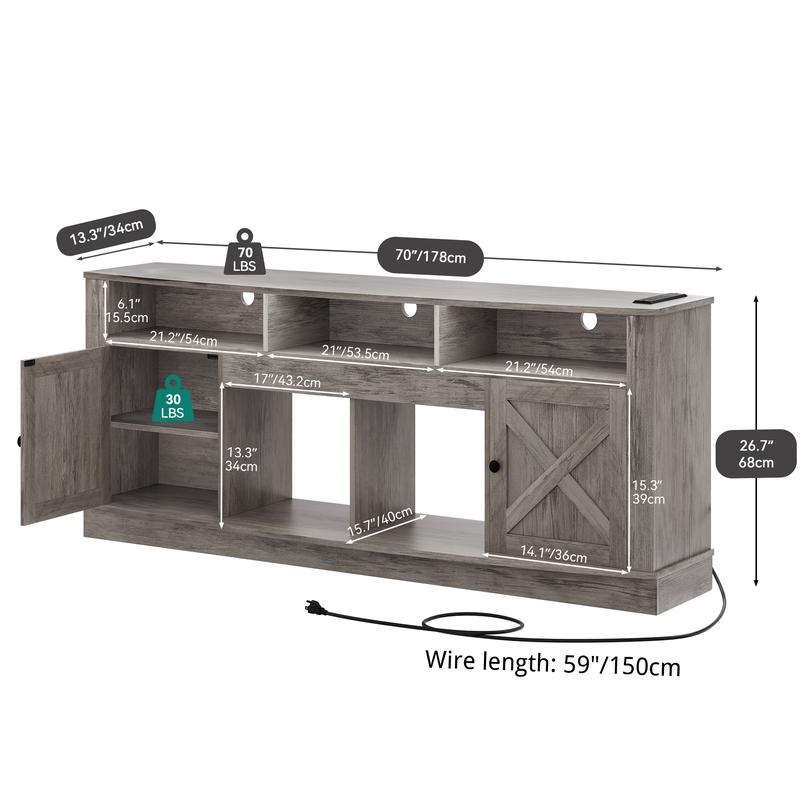 DWVO Farmhouse TV Stand for TVS up to 80 Inch, Entertainment Center with Power Outlet, TV Table with Barn Doors & Storage Cabinets, TV Console for Living Room, 70" Rustic Grey