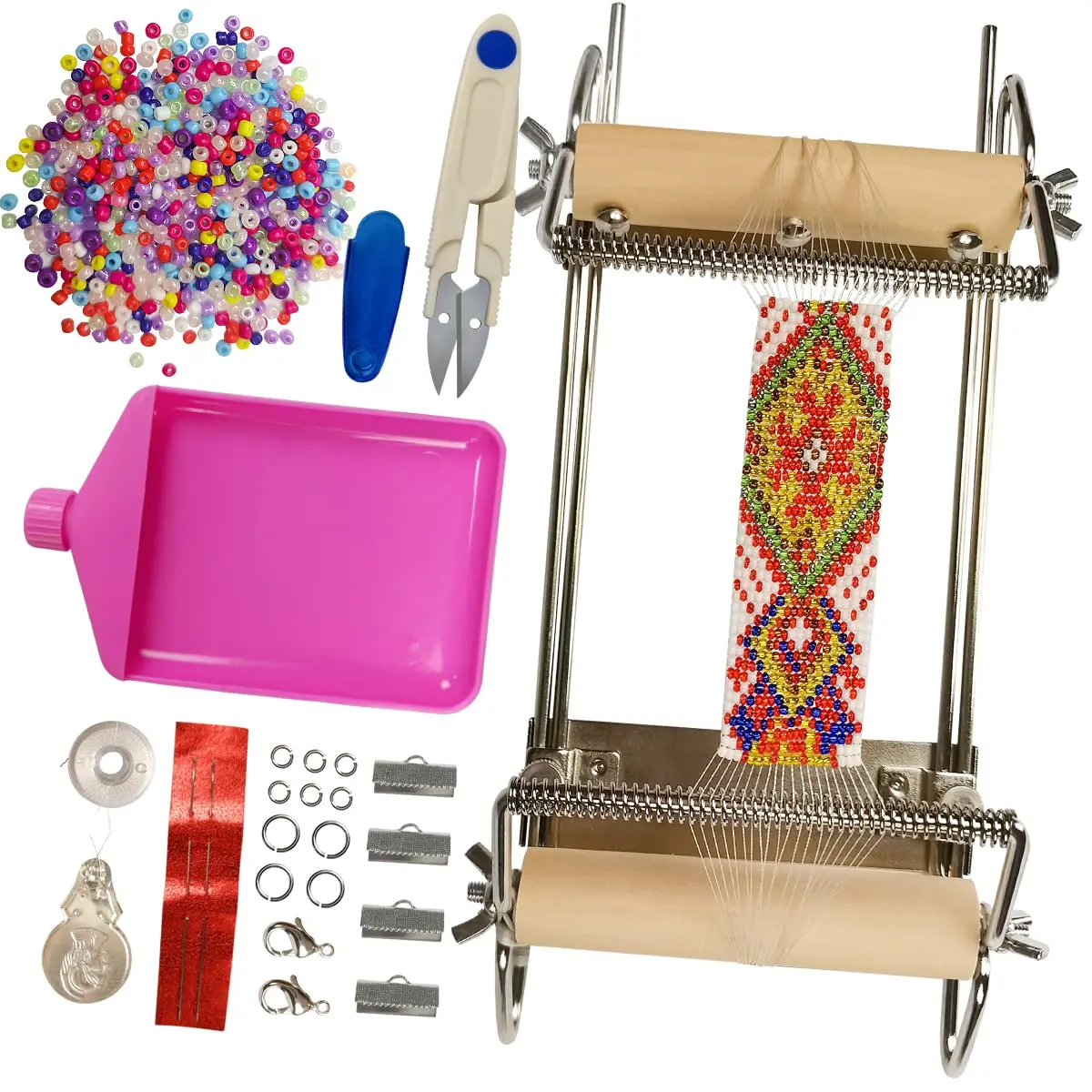 Second Generation Adjustable Bead Loom Kit with Seed Beads, Large Eye Needle, and Jewelry Making Accessories