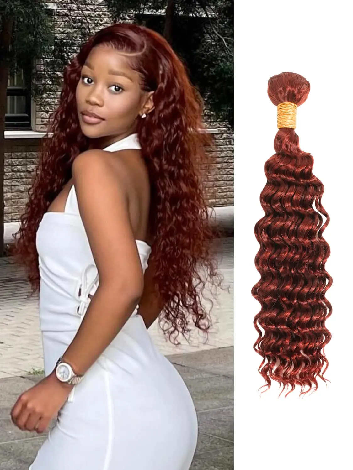 ALHER Reddish Brown Curly Human Hair, Thick Track Auburn Copper Red Colored Deep Wave Single Bundles 100% Virgin Human Hair Bundles #33b Remy Sew in 20 inch