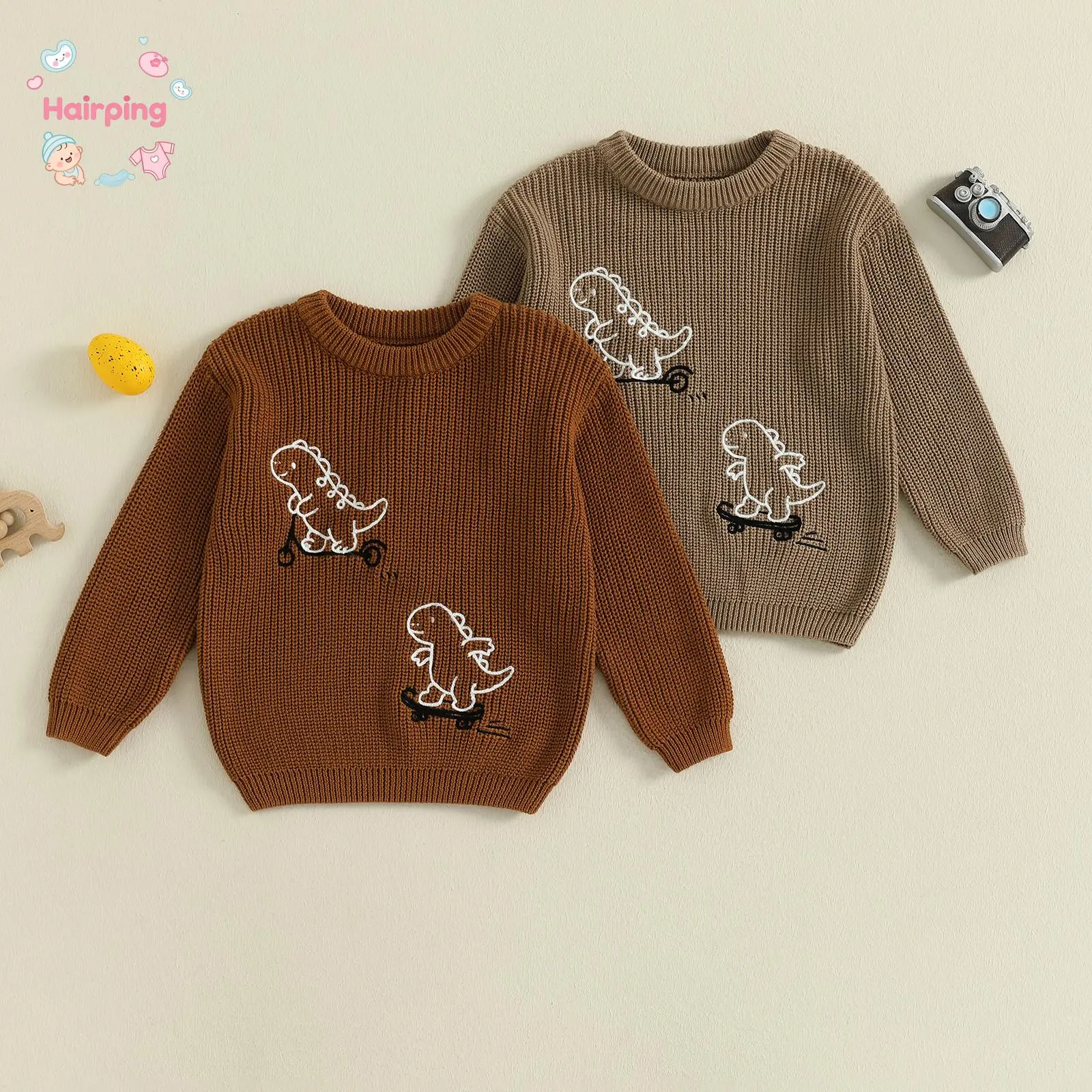 Toddler Baby Fall Sweater Loose Fit, Casual Stylish Dinosaur Ribbed Crew Neck Long Sleeve Knitted Tops, Casual Baby Sweater