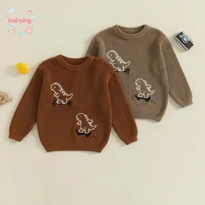 Toddler Baby Fall Sweater Loose Fit, Casual Stylish Dinosaur Ribbed Crew Neck Long Sleeve Knitted Tops, Casual Baby Sweater