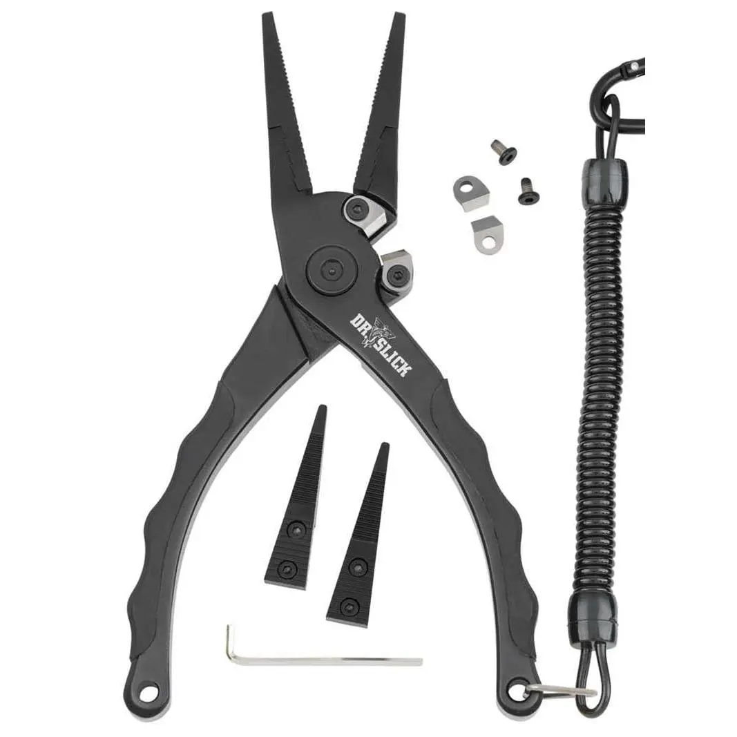 Dr. Slick Squall Pliers - SUS420 J2 Coated Stainless Steel, Self-Opening Spring, Replaceable Jaws, Replaceable Side Cutter, Braid Handling, Wire Up to 60lbs, Saltwater Fishing Tool, Compatible with 2" Wading Belt & Clasp, More Precise, 6061-T6 Anodized Al