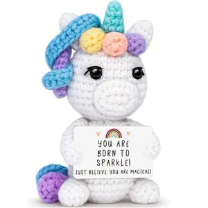 Knitted Unicorn Toy, Fun Cute Motivational Crochet Handmade Knit Doll Soft Huggable with Positive Card, Perfect Gift for Friends Family Party Decoration