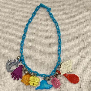 Charm Necklace With 8 Charms Vintage 80s Clip Bell Charms, Blue Chain