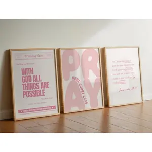 Set of 3 Light Pink Girly Christian Wall Art Pray More Worry Less Poster Preppy Aesthetic Bible Verse Poster Bundle Jeremiah 29 11 Wall Art