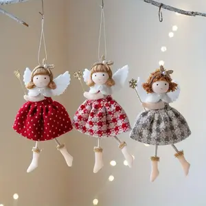 3pcs Christmas Angel Hanging Ornaments with Plush Checkered Skirts - Red, White & Black Polka Dot, Red & White Houndstooth, and Floral Patterns - Ideal for Festive Home, Room, and Tree Decor, Christmas Tree Ornaments