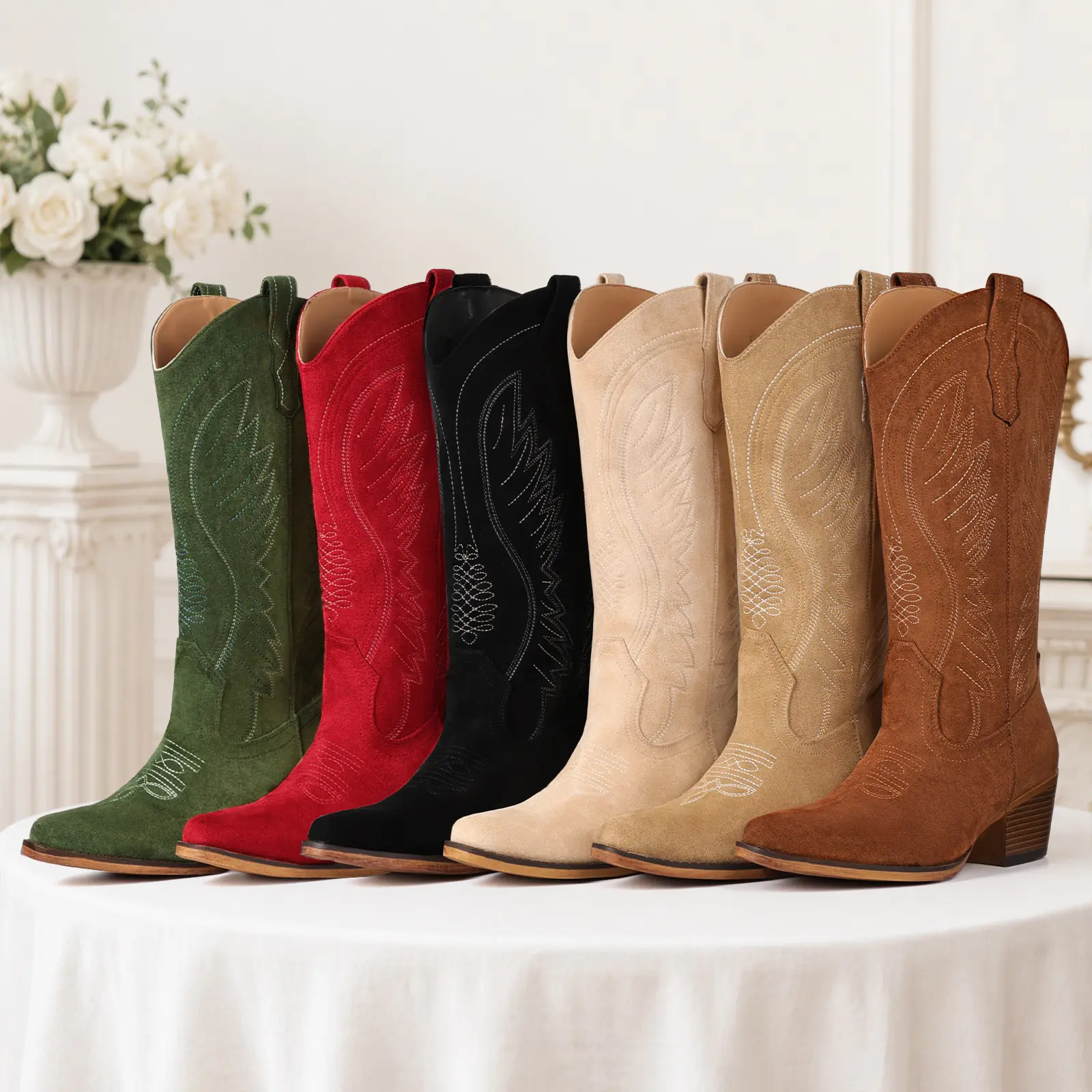 FIORALIE Cowboy Boots for Women Embroidered Pointy Toe Mid Calf Chunky Heel Western Cowgirl Boots Fashion Pull-on Comfort Botas, Shoes For Women, Women's Shoes