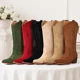 FIORALIE Cowboy Boots for Women Embroidered Pointy Toe Mid Calf Chunky Heel Western Cowgirl Boots Fashion Pull-on Comfort Botas, Shoes For Women, Women's Shoes