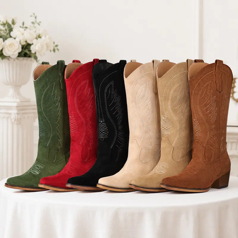 FIORALIE Cowboy Boots for Women Embroidered Pointy Toe Mid Calf Chunky Heel Western Cowgirl Boots Fashion Pull-on Comfort Botas, Shoes For Women, Women's Shoes