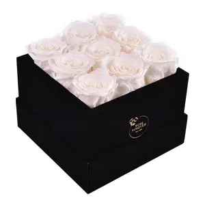 9 White Roses - Black Square Velvet Box