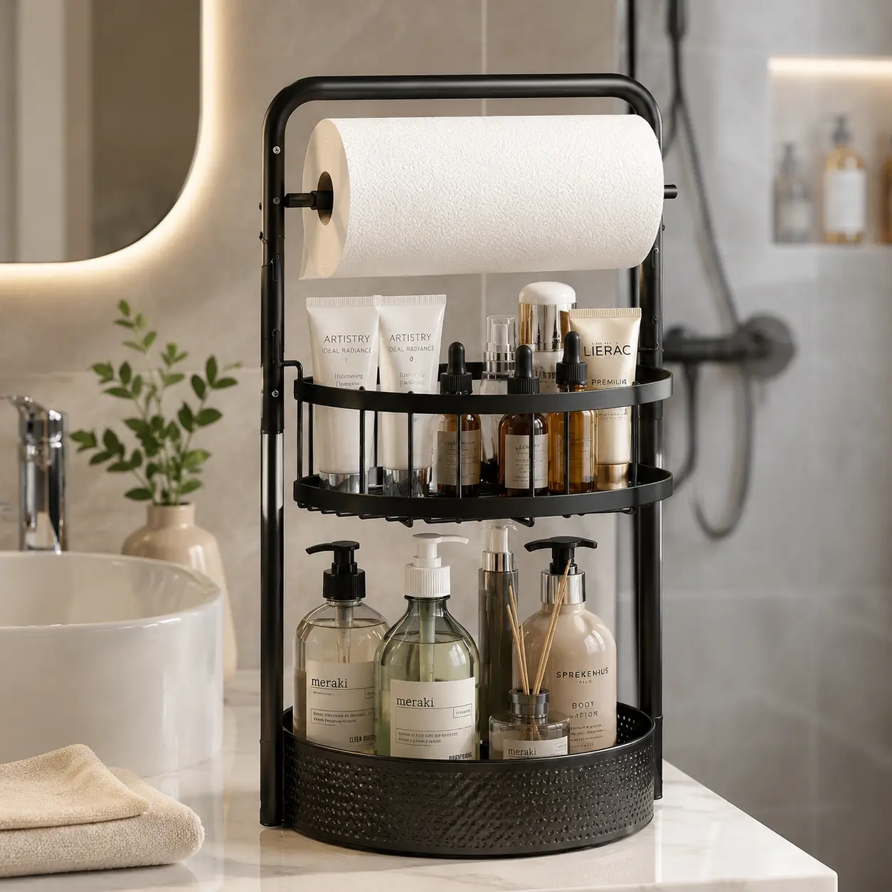 2-Tier Rotating Spice Rack Organizer with Paper Towel Holder, 360° Lazy Susan Turntable, Expandable Height-Adjustable Metal Storage Shelf for Kitchen & Bathroom, Non-Slip Easy-Clean Countertop Organizer for Spices, Oil Bottles, Toiletries & Cosmetics