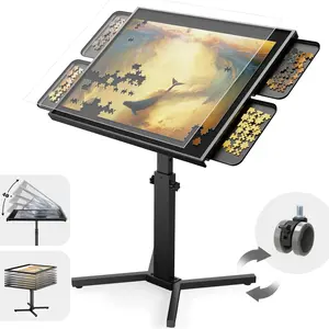 1500 Piece Jigsaw Puzzle Table with Drawers & legs, 28"x35" Large Puzzle Table for Adults, Adjustable height &12 tilt Angle, Wooden Puzzle Board with 4 Drawers & Cover, Birthday Gift for Family（Black)